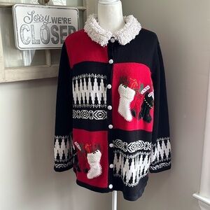 Extra Point by Reference Point Christmas Knit Velvet Button Down Cardigan NWOT